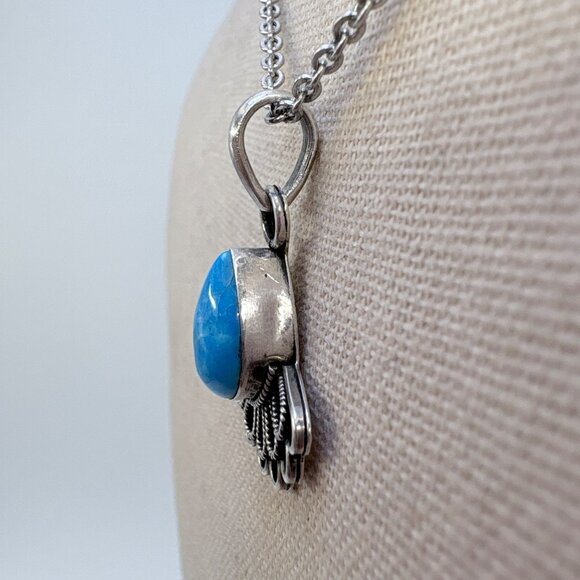 VTG Sterling Silver 925 Teardrop Turquoise Bezel Set Pendant Necklace 22" Length - Picture 4 of 13
